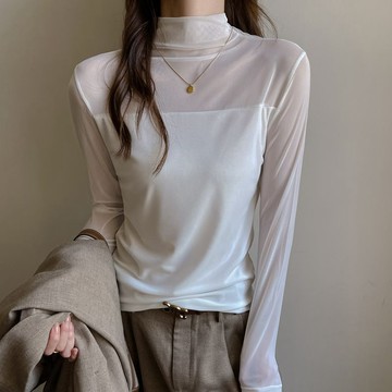 【M-4XL】大尺碼長袖女 純欲半高領網紗長袖T恤女 內搭打底衫 微透上衣 修身顯瘦 小眾設計感 氣質外穿長袖
