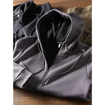 口碑牛貨！綿羊毛混紡！秋冬男士連帽華夫格加絨開衫衛衣夾克外套