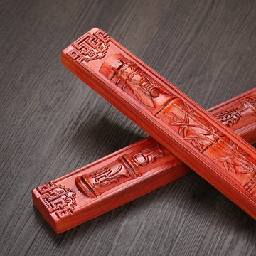 雅軒齋 30cm紅木雕刻壓紙鎮尺書法工藝品擺件 實木質知足常樂國畫鎮紙書法用品 紅檀木制紙鎮大號包郵 清倉