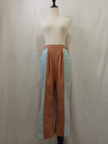 Designer collection 淺藍牛仔拼接赭黃絨面料褶襉長寬褲