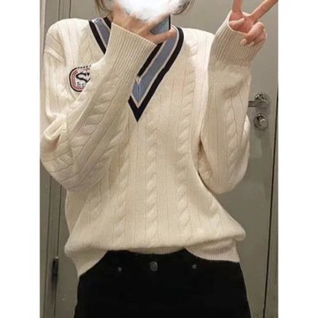 多變女友 S家 2024早春法式學院風撞色V領套頭長袖針織衫毛衣女