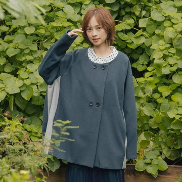 【MOSS CLUB】雙色拼接雙排釦毛呢大衣 綠 咖(魅力商品)