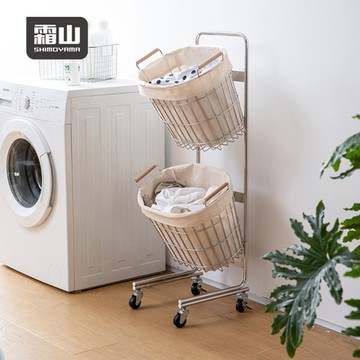 日本霜山 移動式不鏽鋼雙層洗衣籃(附布套)