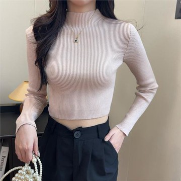 小個子短款針織上衣女修身露臍2025新款春秋半高領打底衫內搭正肩