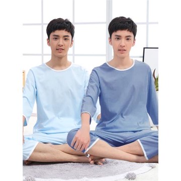 輕薄款純棉7分袖褲青少年中學生空調服套大童睡衣男士全棉家居服