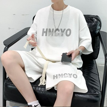 【台灣出貨】 美式潮牌休閒運動套裝男士夏季華夫格短袖短褲兩件套潮流時尚男裝