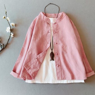 中國風復古民族風棉麻薄外套女春裝中式盤扣提花開衫復古立領上衣