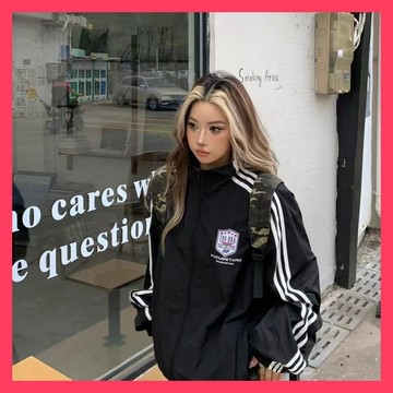 【WYZ】‍美式外套女 美式衝鋒衣三條線寬鬆外套 美式復古學院風外套 三槓中長款夾克女 2026春秋
