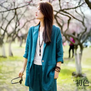 初色 簡約純色口袋翻領七分袖釦子外套女外套-共4色-14986(M-XL可選)