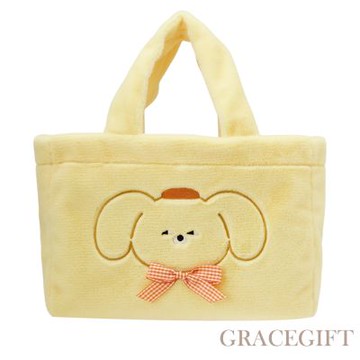 【Grace Gift】Wasabi Bear-黃芥末熊格紋絨毛電繡手提肩背托特包 黃