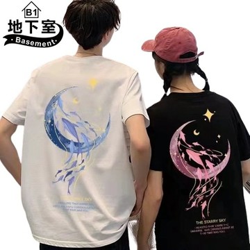 地下室B1-隔日到貨 情侶短T恤 韓版弦月印花大尺碼3XL寬鬆短袖五分袖上衣【NL622179】