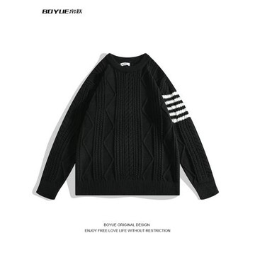 BOYUE帛躍提花四杠套頭毛衣港風學生簡約青春原宿打底針織衫男女