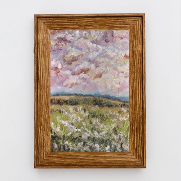 野花田野油畫 風景藝術品 粉紅色日落畫  雲彩藝術