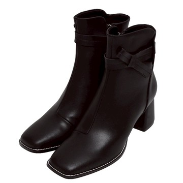 ANNSTAR 春妞聯名-法式香頌2WAY可拆繫帶方頭短靴6.5cm-黑