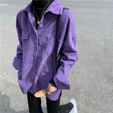 【FROCK】長袖襯衫 寬鬆襯衫 長袖上衣 顯瘦上衣 韓版紫色燈芯絨襯衫寬鬆長袖襯衣上衣 女生襯衫 襯衫外套 寬鬆外套