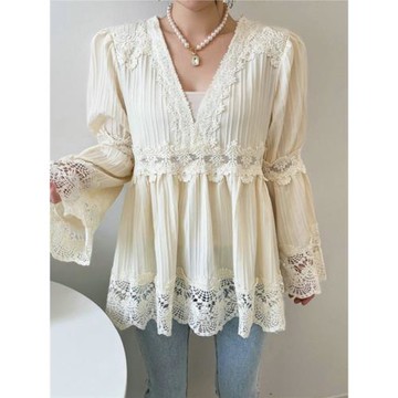 【sol.owen】韓國進口夏鏤空鉤花V領收腰棉質舒適蕾絲喇叭袖襯衫