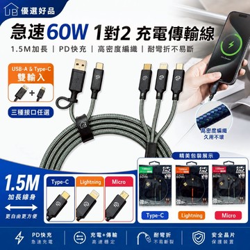 足球熱潮【60W快充二合一充電線】1.5米加長 PD快充線 Type-C/Lightning/Micro 三接口 優選