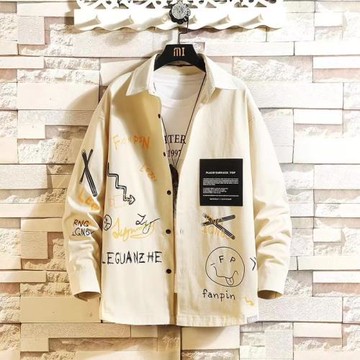 干活穿的涂鴉印花長袖襯衫男秋季寬松防曬襯衣高街設計感小眾外套