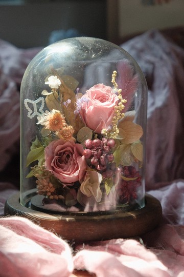 【現貨】粉紫色系 永生花玻璃盅罩 蝴蝶珍珠 喬遷送禮 居家擺飾