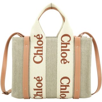 CHLOE Woody 小型 字母刺繡織帶亞麻帆布手提/斜背托特包(裸色皮革)