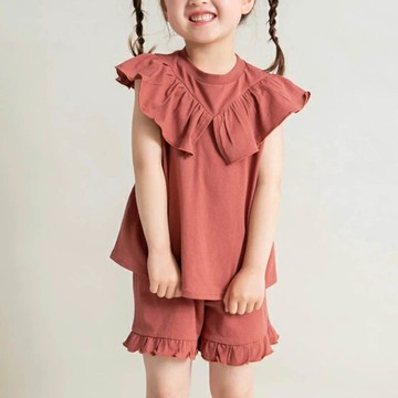 日本 BRANSHES - 俏皮荷葉大翻領短褲套裝-咖啡