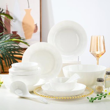 景德鎮16頭餐具純白骨瓷碗碟套裝中式喬遷家用陶瓷碗盤子勺子組合