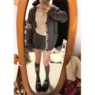 學院風韓系v領毛衣外套女早春秋季寬松慵懶灰色針織開衫穿搭上衣