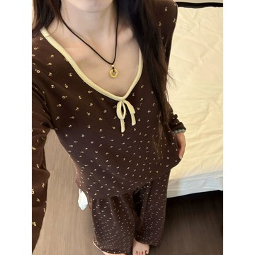 DUYI~夢詩 睡衣女法式復古碎花秋季德絨帶胸墊長袖長褲可外穿家居服套裝