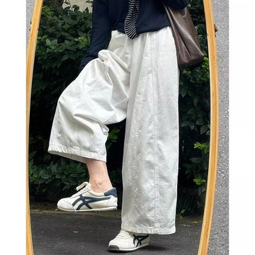 臺灣出貨深灰色復古闊腿褲女夏季新款大碼胖mm梨型身材慵懶遮胯休閒氣球褲0615