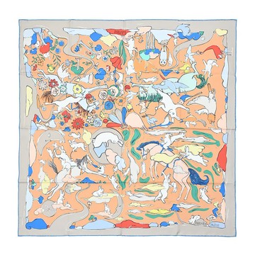Hermes 愛馬仕 Mille et Un Lapins 90 cm手工捲邊斜紋真絲方巾（淺灰/米金）_廠商直送