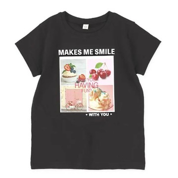 日本西松屋 - 照片風格印花短袖上衣-櫻桃甜點-黑