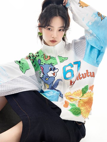 卡通印花絨面拼布雙色外套寬松休閒