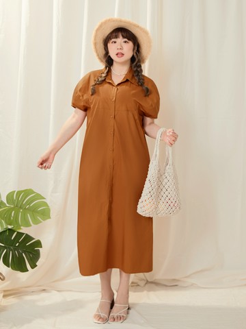 高含棉立體泡袖全開襟長洋裝