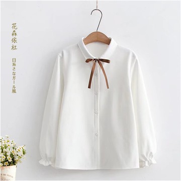 2021冬季甜美系帶長袖加絨白襯衫女初高中學生百搭保暖襯衣打底衫