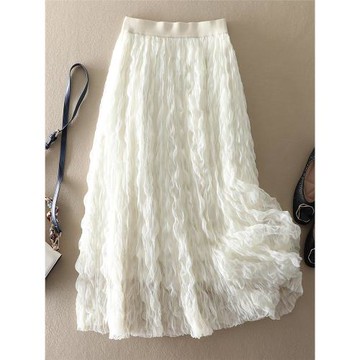 氛圍感拉滿！微醺波浪卷壓褶垂墜飄逸網紗長裙高腰顯瘦紗裙半身裙