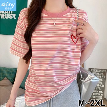 【V5055-1】shiny藍格子-瑕疵特賣．愛心圖案細條紋圓領短T