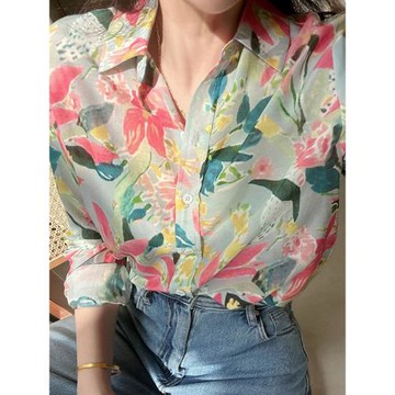 浪漫唯美小法式渲染朦朧粉色印花春日氛圍感輕薄絲棉長袖襯衫上衣