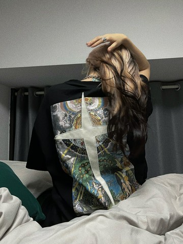 boldpanda2022夏季新款街頭嘻哈美式復古哥特涂鴉印花短袖T恤男女