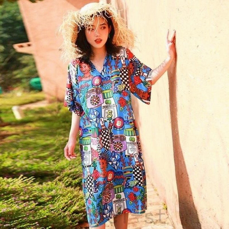 個性的なデザイン 大人カジュアル 派手かわいい 柄 リゾート Vネック Tシャツワンピース 楽ちん 通販 Lineポイント最大get Lineショッピング