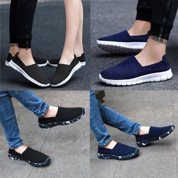 春夏季套腳男女情侶鞋運動網布樂福鞋休閑透氣編織布料彈力平底鞋