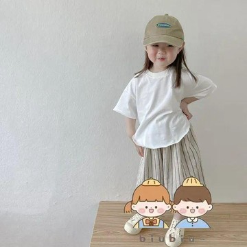 🎀biubiu童裝🎀女童條紋闊腿褲夏季薄款2022新款女寶寶日系棉質寬松九分褲休閑褲
