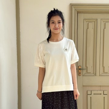 花木馬日系女裝圓領蕾絲袖拼接休閒上衣