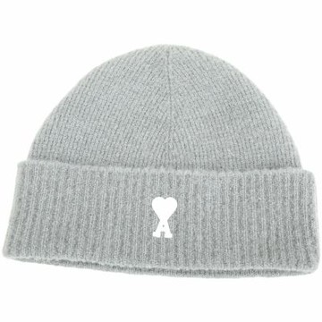 AMI PARIS Red Ami De Coeur 愛心A補丁反摺羅紋針織羊駝毛帽(灰色)