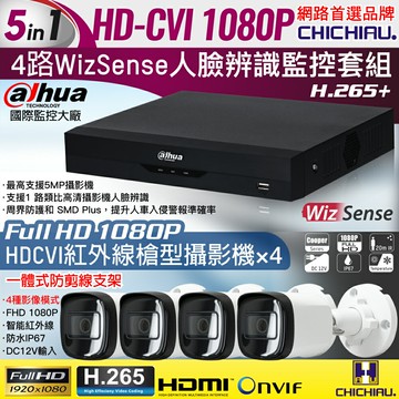 【CHICHIAU】Dahua大華 H.265 5MP 4路CVI 1080P數位遠端監控套組(含200萬紅外線槍機型攝影機×4)