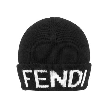 FENDI 白字Logo 羊毛毛帽(黑色) FXQ056 AI4F F0ZE7