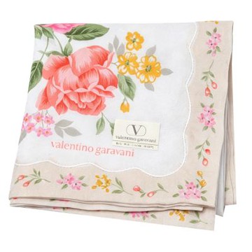 Valentino Garavani 華倫天奴白底大朵粉玫瑰印花圖騰字母LOGO帕巾(47CM)