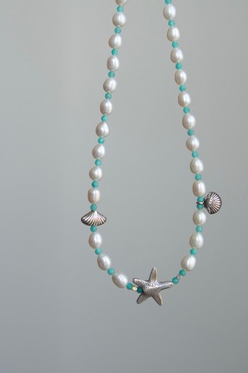 薄荷海灘 - 天然淡水珍珠 天河石 海星貝殼 鎖骨鏈 S925銀