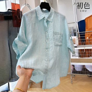 初色 休閒風翻五分袖短袖絆帶捲袖條紋單排釦襯衫上衣女上衣-條紋-51902(M-2XL可選)