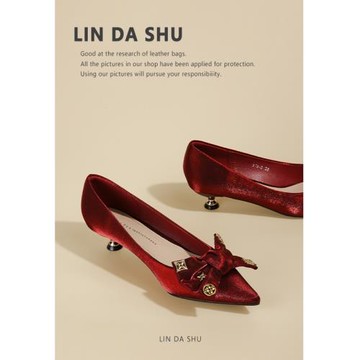 【林大叔】蝴蝶結小高跟鞋女3公分不累腳高級感新娘秀禾婚鞋紅色