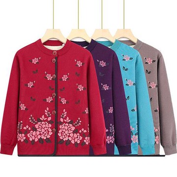 【米蘭精品】現貨+預購 高級針織衫上衣秋冬毛衣開衫寬鬆大碼休閒女裝媽媽裝-花卉加絨女外套4色74mo77